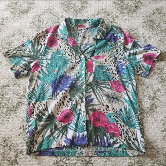 ALFRED DUNNER Size 14 Vintage Floral Leopard Print Shirt Made in USA - Picture 2 of 6